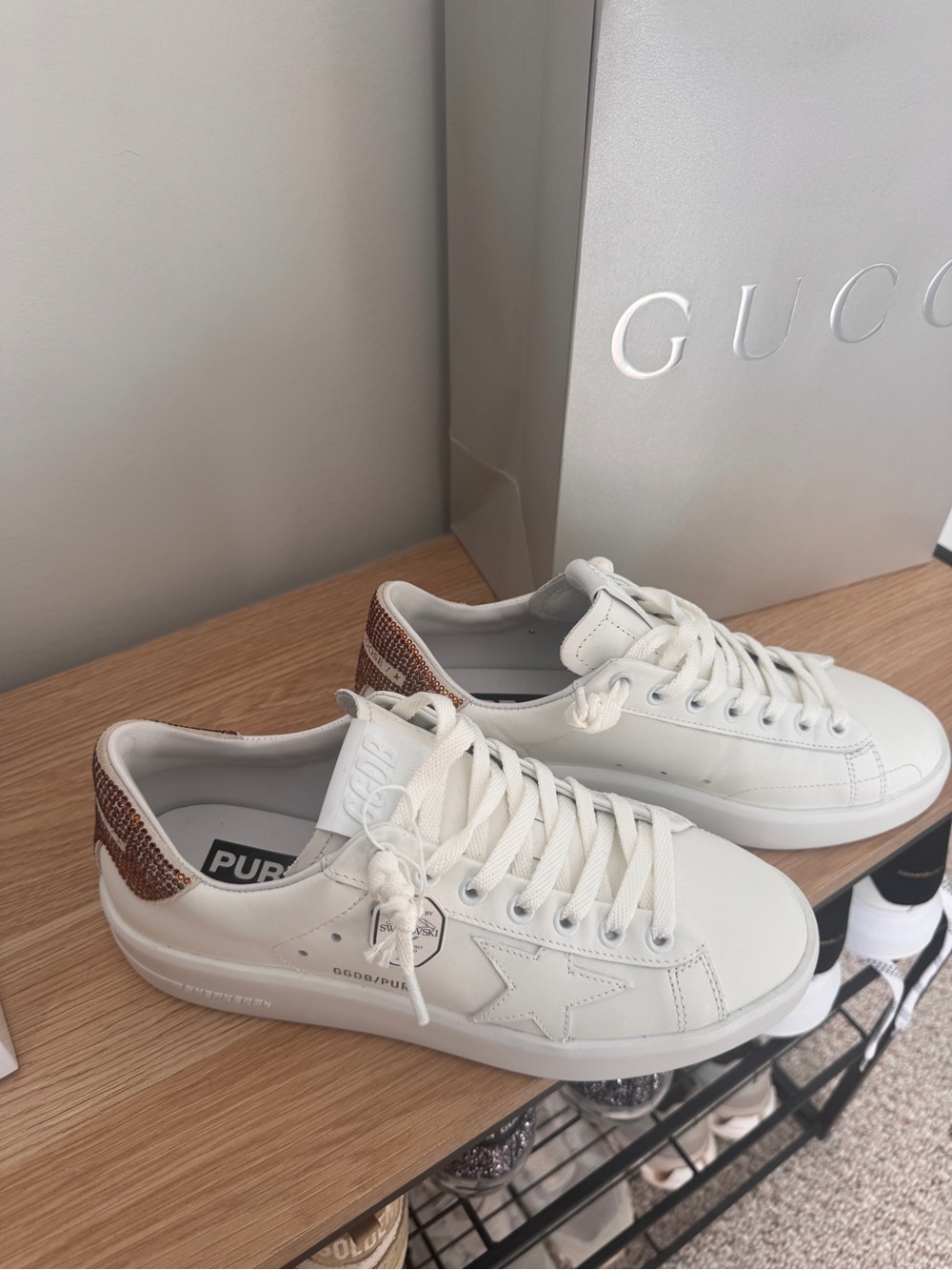 Golden Goose White Leather Sneakers with Swarovski Brown Heel Accent